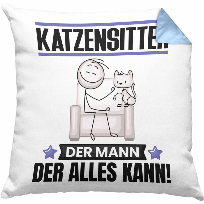 Katzensitter Kissen mit Füllung 40x40 Geschenk für Katzensitter Der Mann Der Alles Kann Geschenkidee zum Geburtstag (Grau) Blau Trendation