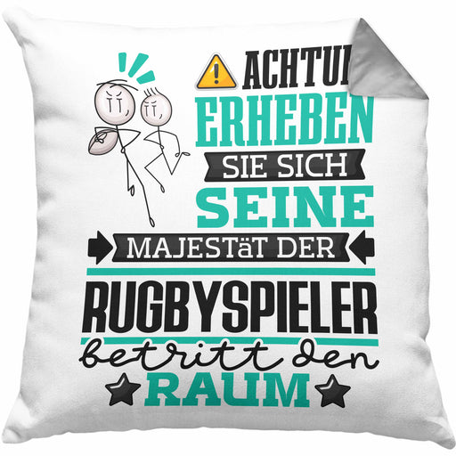 Rugbyspieler Geschenk Kissen mit Füllung 40x40 Lustiger Spruch Erheben Sie Sich Der Rugbyspieler Betritt den Raum (Grau) Grau Trendation