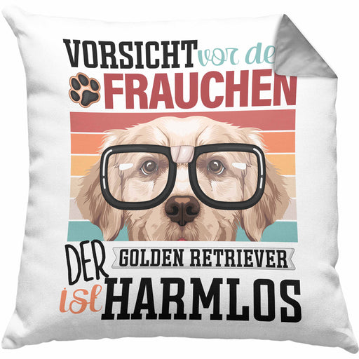 Golden Retriever Besitzerin Frauchen Kissen mit Füllung 40x40 Geschenk Lustiger Spruch Geschenkidee Vorsicht Vor Dem Frauchen (Grau) Grau Trendation