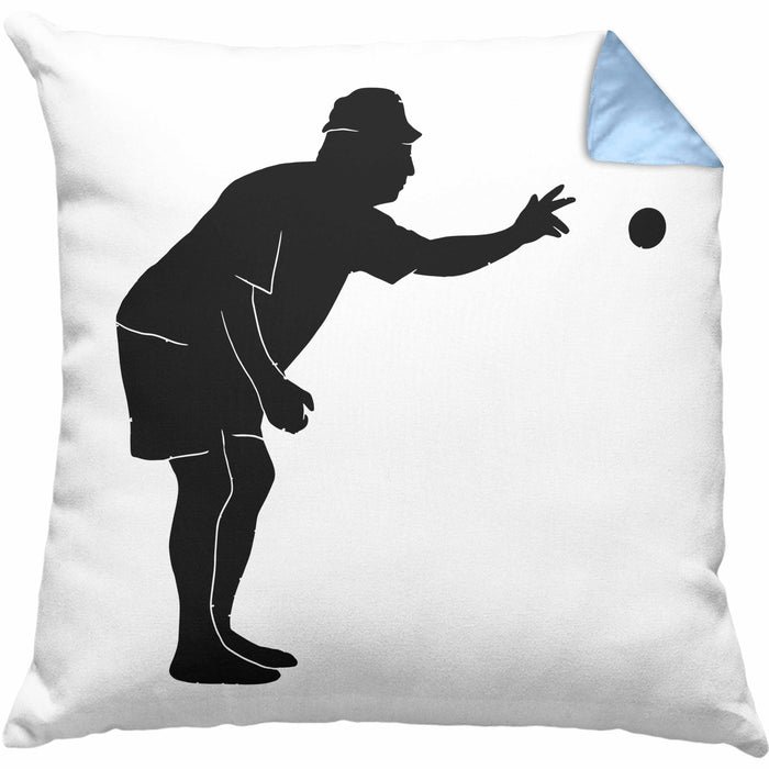 Boule Kissen mit Füllung 40x40 Geschenk Boule-Spieler Geschenkidee Spruch Grafik Werfender Boule Spieler (Grau) Blau Trendation