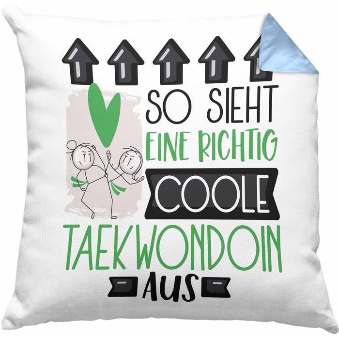 Taekwondoin Geschenk Kissen mit Füllung 40x40 Geschenkidee für Taekwondoin Geburtstag Weihnachten Spruch So Sieht Eine Richtig Coole Taekwondoin Aus (Grau) Blau Trendation