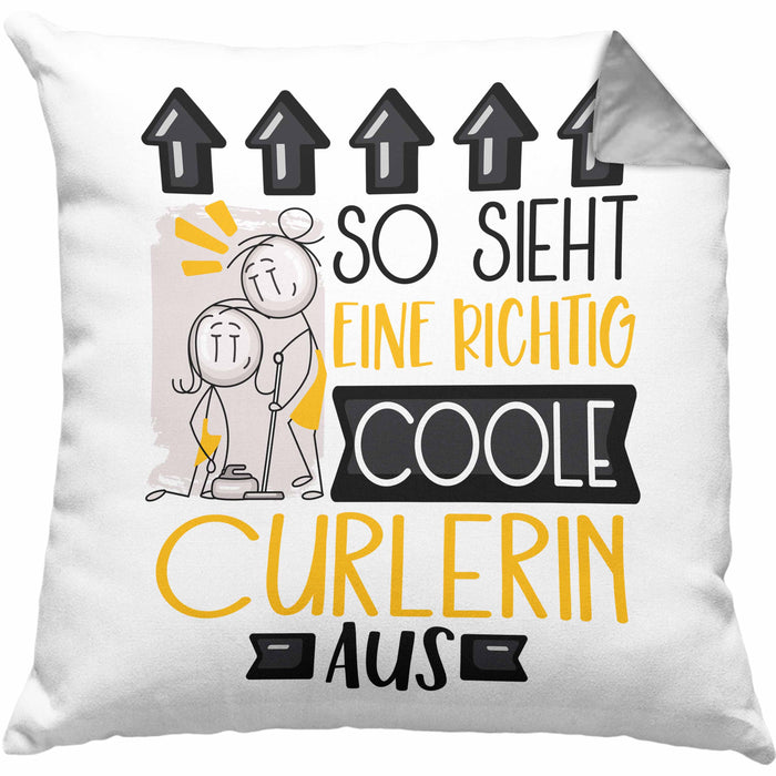 Curlerin Geschenk Kissen mit Füllung 40x40 Geschenkidee für Curlerin Geburtstag Weihnachten Spruch So Sieht Eine Richtig Coole Curlerin Aus (Grau) Grau Trendation