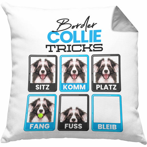 Border Collies Besitzer Kissen mit Füllung 40x40 Geschenk Lustiger Spruch Geschenkidee Border Collies Tricks Bleib (Grau) Grau Trendation