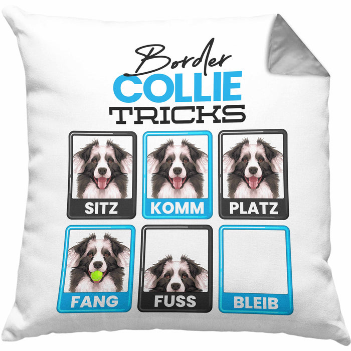 Border Collies Besitzer Kissen mit Füllung 40x40 Geschenk Lustiger Spruch Geschenkidee Border Collies Tricks Bleib (Grau) Grau Trendation