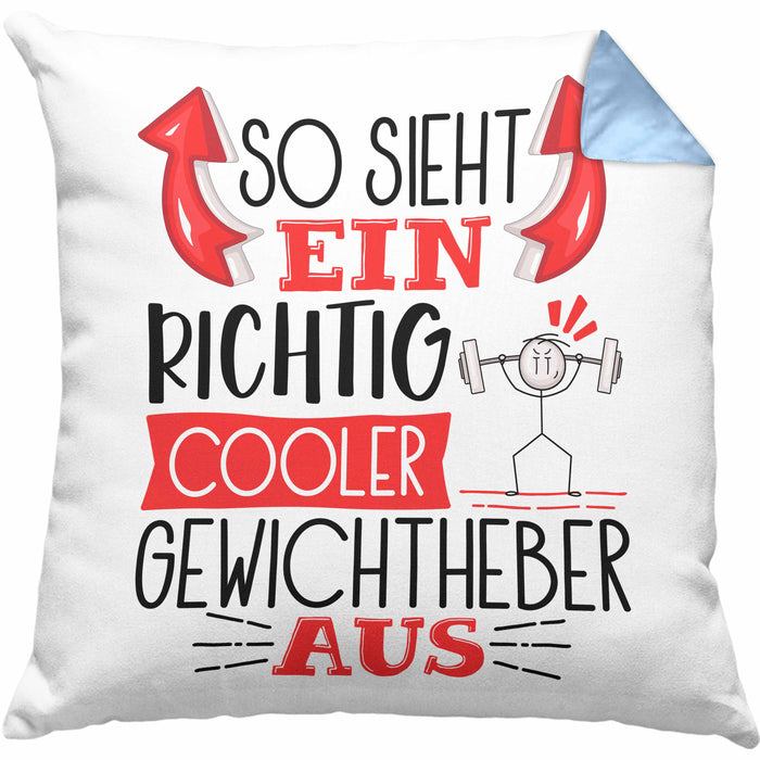 Gewichtheber Kissen mit Füllung 40x40 Geschenk So Sieht Ein Richtig Cooler Gewichtheber Aus Geschenkidee Spruch Lustig (Grau) Blau Trendation