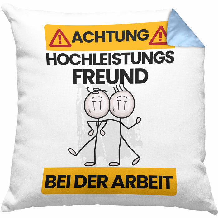 Freund Kissen mit Füllung 40x40 Geschenk Lustiger Spruch Geschenkidee für Freund Achtung Hochleistungs Freund Bei Der Arbeit (Grau) Blau Trendation