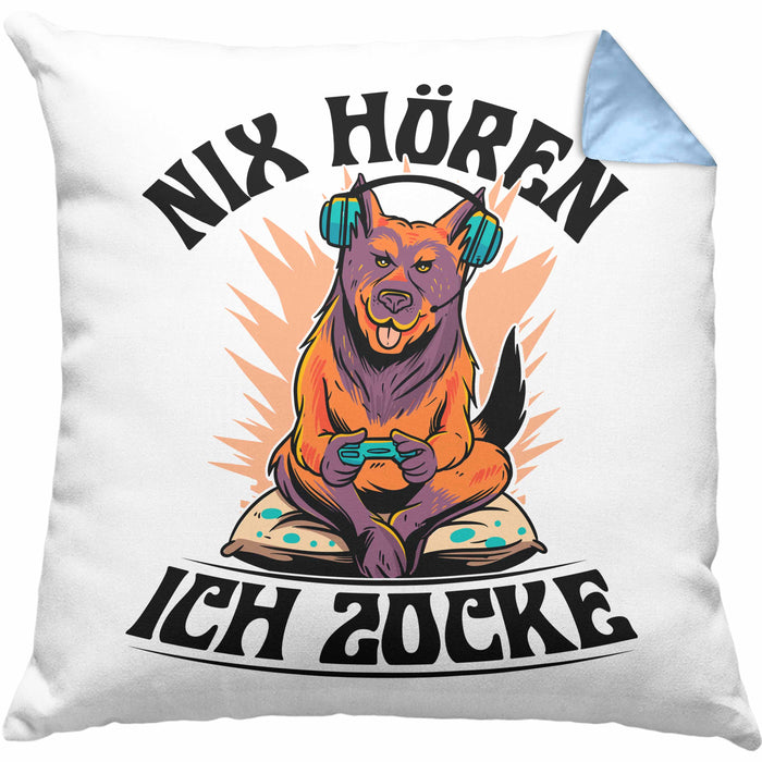 Zocker Geschenk Kissen mit Füllung 40x40 Nix Hören ich Zocke Jungs Jungen Geschenkidee zum Zocken (Grau) Blau Trendation