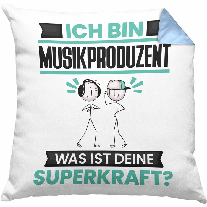 Musikproduzent Kissen mit Füllung 40x40 Geschenk für Musikproduzent Geburtstag Lustiger Spruch Was Ist Deine Superkraft (Grau) Blau Trendation