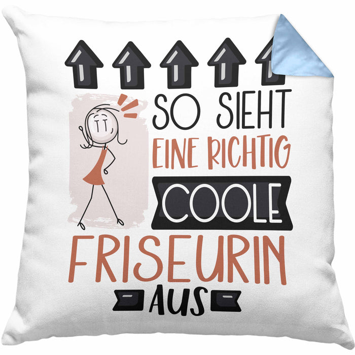 Friseurin Geschenk Kissen mit Füllung 40x40 Lustig Geschenkidee für Friseurin Geburtstag So Sieht Eine Richtig Coole Friseurin Aus Frauen Spruch (Grau) Blau Trendation