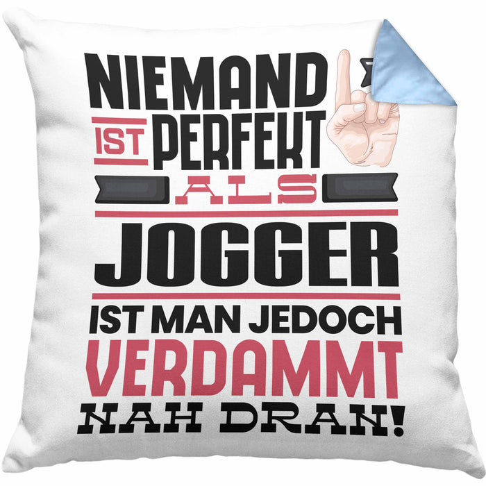 Jogger Geschenk Kissen mit Füllung 40x40 Lustige Geschenkidee für Jogger Geburtstag Niemand Ist Perfekt Aber Als Jogger Ist Man Nah Dran (Grau) Blau Trendation
