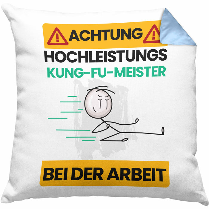 Kung-Fu-Meister Kissen mit Füllung 40x40 Geschenk Lustiger Spruch Geschenkidee für Kung-Fu-Meister Achtung Hochleistungs Kung-Fu-Meister Bei Der Arbeit (Grau) Blau Trendation