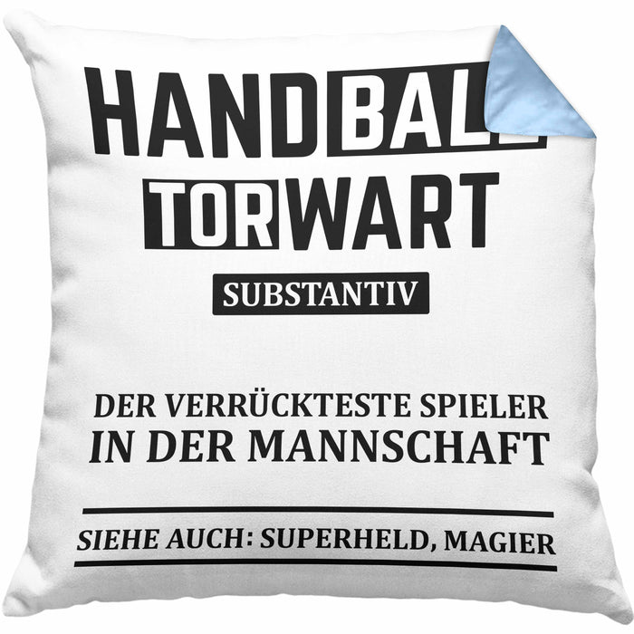 Handball Torwart Geschenk Kissen mit Füllung 40x40 Geschenkidee Handball-Spieler Handballspielerin Mädchen Jungs (Grau) Blau Trendation