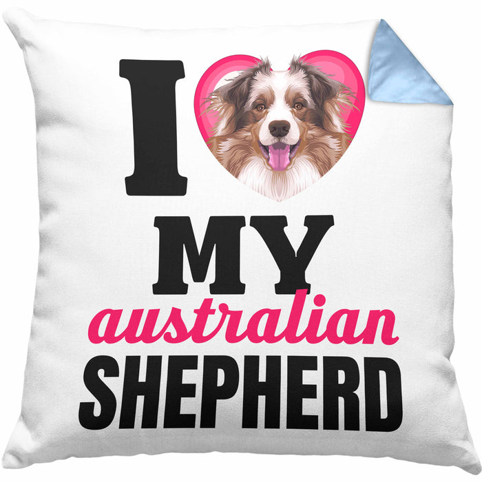 Australian Shepherd Besitzerin Kissen mit Füllung 40x40 Geschenk Lustiger Spruch Geschenkidee I Love My Australian Shepherd (Grau) Blau Trendation