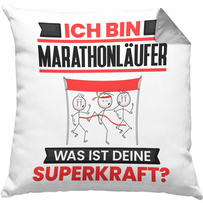 Marathonläufer Kissen mit Füllung 40x40 Geschenk für Marathonläufer Geburtstag Lustiger Spruch Was Ist Deine Superkraft (Grau) Grau Trendation