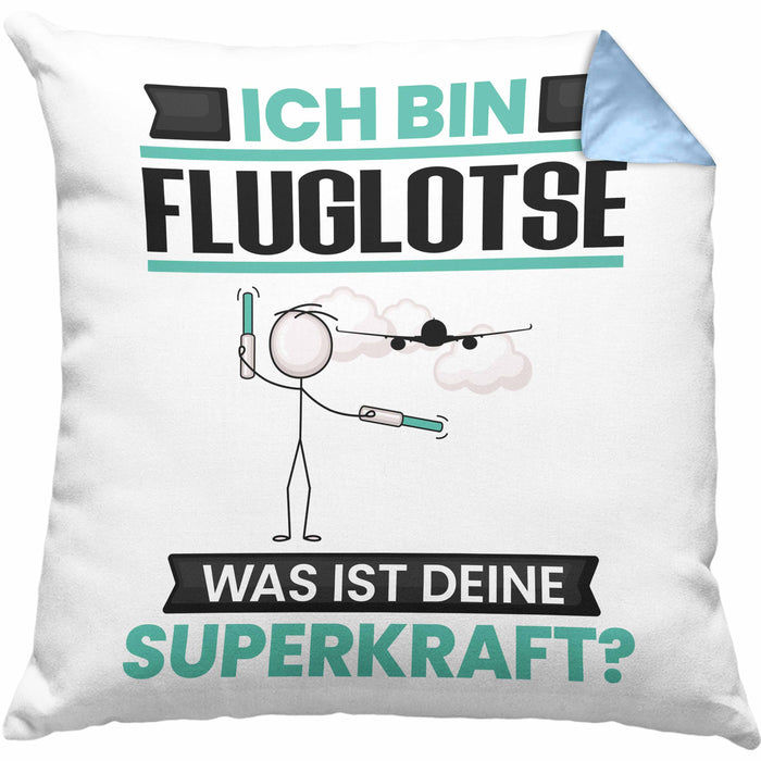 Fluglotse Kissen mit Füllung 40x40 Geschenk für Fluglotse Geburtstag Lustiger Spruch Was Ist Deine Superkraft (Grau) Blau Trendation