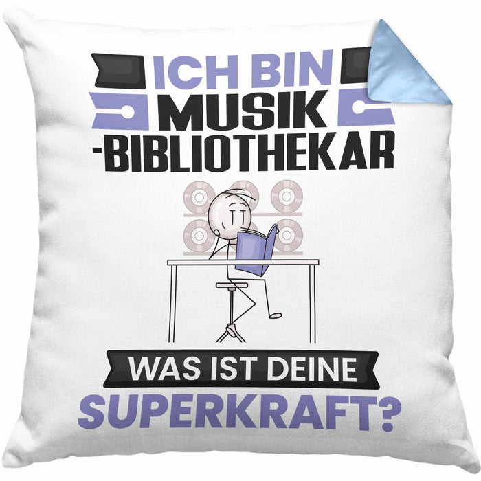 Musikbibliothekar Kissen mit Füllung 40x40 Geschenk für Musikbibliothekar Geburtstag Lustiger Spruch Was Ist Deine Superkraft (Grau) Blau Trendation