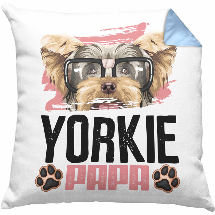 Yorkie Papa Besitzer Kissen mit Füllung 40x40 Geschenk Lustiger Spruch Geschenkidee Yorkie Liebhaber (Grau) Blau Trendation