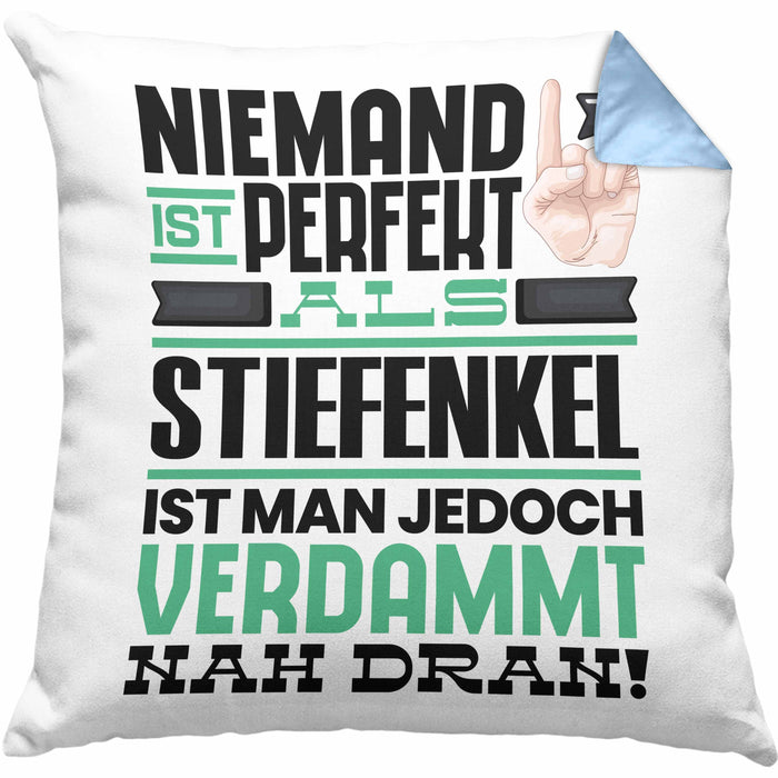 Stiefenkel Geschenk Kissen mit Füllung 40x40 Lustige Geschenkidee für Stiefenkel Geburtstag Niemand Ist Perfekt Aber Als Stiefenkel Ist Man Nah Dran (Grau) Blau Trendation