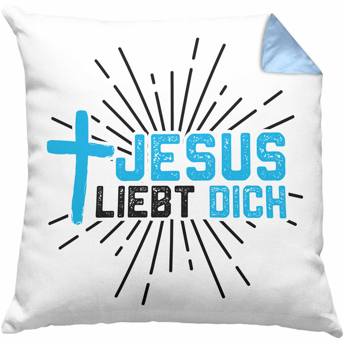 Jesus Liebt Dich Kissen mit Füllung 40x40 Geschenk Ostern Christentum Kirche Gläubiger Geschenkidee Häferl (Grau) Blau Trendation