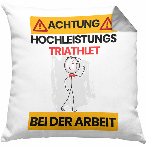 Triathlet Kissen mit Füllung 40x40 Geschenk Lustiger Spruch Geschenkidee für Triathlet Achtung Hochleistungs Triathlet Bei Der Arbeit (Grau) Grau Trendation