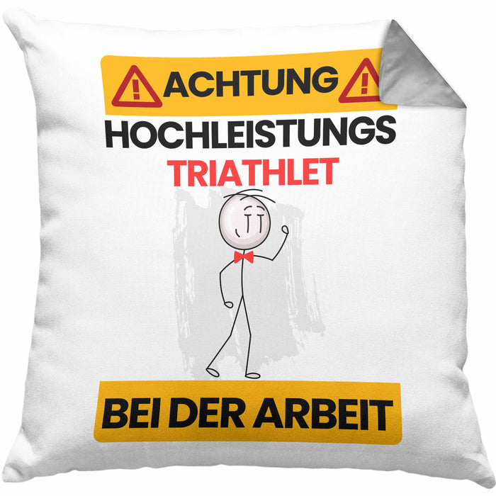 Triathlet Kissen mit Füllung 40x40 Geschenk Lustiger Spruch Geschenkidee für Triathlet Achtung Hochleistungs Triathlet Bei Der Arbeit (Grau) Grau Trendation
