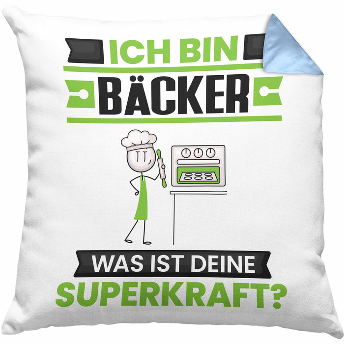 Bäcker Kissen mit Füllung 40x40 Geschenk für Bäcker Geburtstag Lustiger Spruch Was Ist Deine Superkraft (Grau) Blau Trendation