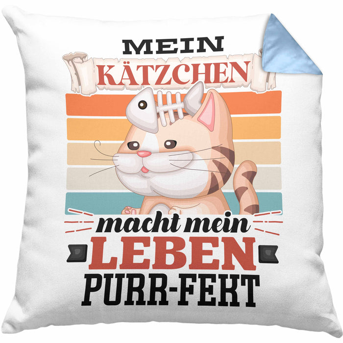 Katze Kissen mit Füllung 40x40 Geschenk Spruch Geschenkidee für Katzen-Mama Papa Katzenliebhaber Mein Kätzen Macht Mein Leben Purr-pekt (Grau) Blau Trendation