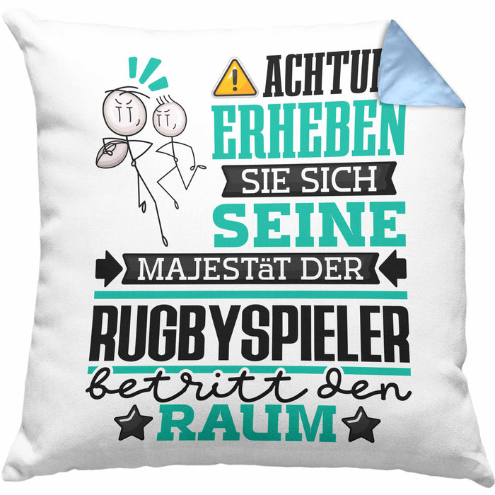 Rugbyspieler Geschenk Kissen mit Füllung 40x40 Lustiger Spruch Erheben Sie Sich Der Rugbyspieler Betritt den Raum (Grau) Blau Trendation