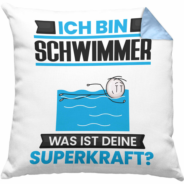 Schwimmer Kissen mit Füllung 40x40 Geschenk für Schwimmer Geburtstag Lustiger Spruch Was Ist Deine Superkraft (Grau) Blau Trendation