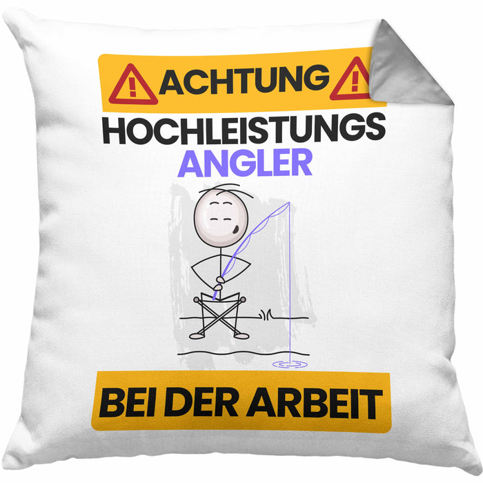 Angler Kissen mit Füllung 40x40 Geschenk Lustiger Spruch Geschenkidee für Angler Achtung Hochleistungs Angler Bei Der Arbeit (Grau) Grau Trendation