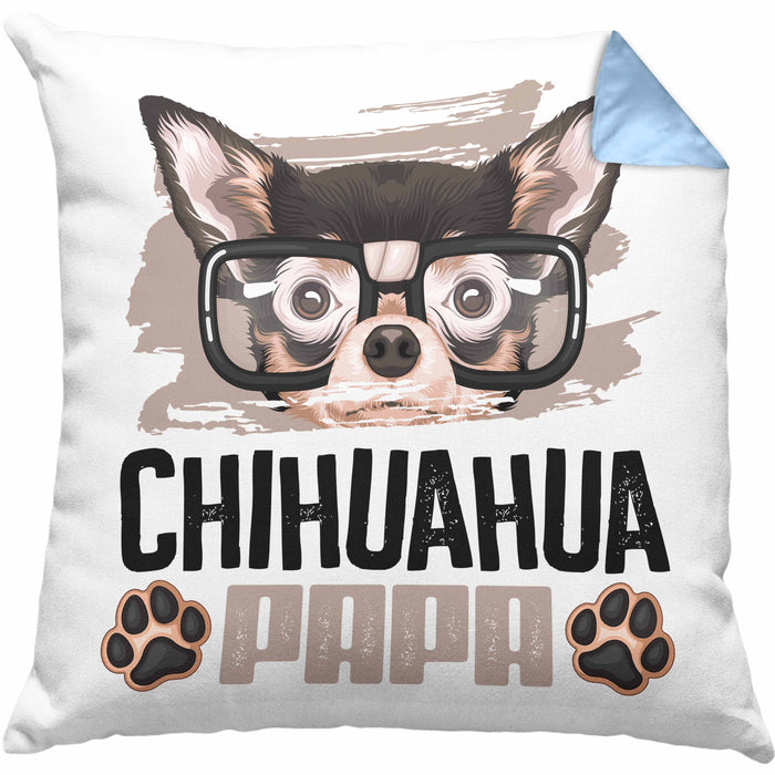 Chihuahua Papa Besitzer Kissen mit Füllung 40x40 Geschenk Lustiger Spruch Geschenkidee Chihuahua Liebhaber (Grau) Blau Trendation