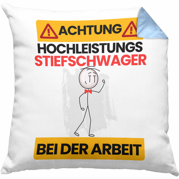 Stiefschwager Kissen mit Füllung 40x40 Geschenk Lustiger Spruch Geschenkidee für Stiefschwager Achtung Hochleistungs Stiefschwager Bei Der Arbeit (Grau) Blau Trendation