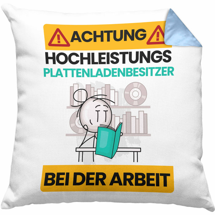 Plattenladenbesitzer Kissen mit Füllung 40x40 Geschenk Lustiger Spruch Geschenkidee für Plattenladenbesitzer Achtung Hochleistungs Plattenladenbesitzer Bei Der Arbeit (Grau) Blau Trendation