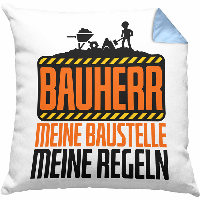 Bauherr Kissen mit Füllung 40x40 "Meine Baustelle, Meine Regeln" Lustiges Geschenk für Bauherren (Grau) Blau Trendation