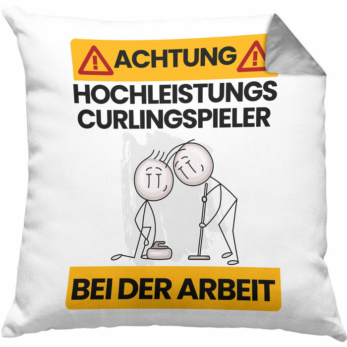 Curlingspieler Kissen mit Füllung 40x40 Geschenk Lustiger Spruch Geschenkidee für Curlingspieler Achtung Hochleistungs Curlingspieler Bei Der Arbeit (Grau) Grau Trendation