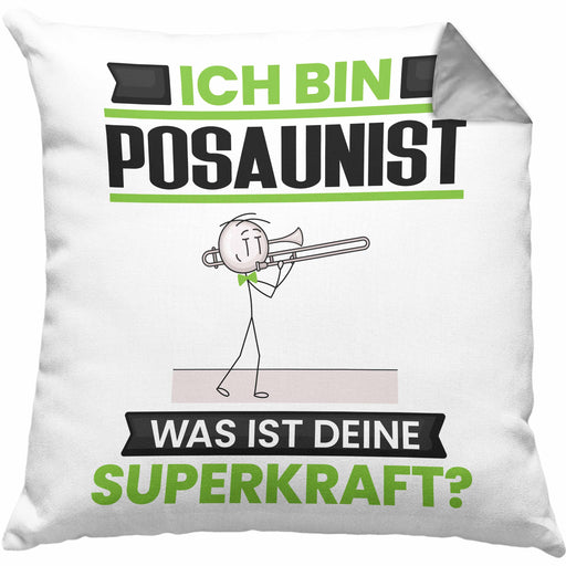 Posaunist Kissen mit Füllung 40x40 Geschenk für Posaunist Geburtstag Lustiger Spruch Was Ist Deine Superkraft (Grau) Grau Trendation
