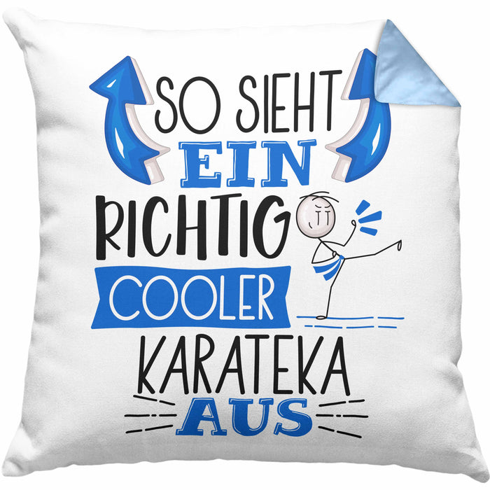 Karateka Kissen mit Füllung 40x40 Geschenk So Sieht Ein RIchtig Cooler Karateka Aus Geschenkidee Lustiger Spruch Geburtstag Karate (Grau) Blau Trendation