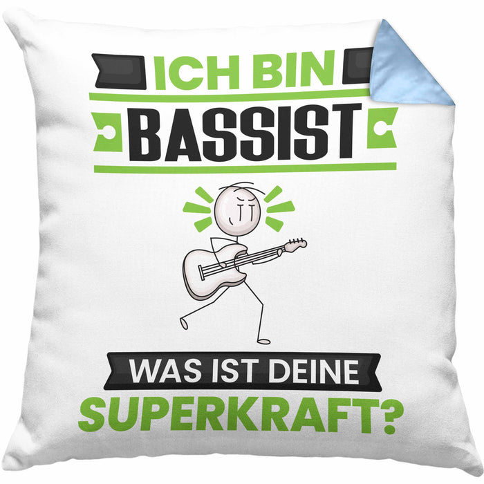 Bassist Kissen mit Füllung 40x40 Geschenk für Bassist Geburtstag Lustiger Spruch Was Ist Deine Superkraft (Grau) Blau Trendation