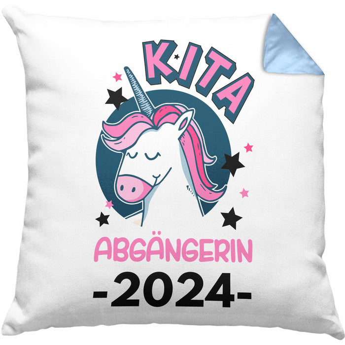 Kita Abgängerin 2024 Schulstart Kissen mit Füllung 40x40 Geschenk Mädchen Einschulung Schulanfang Erster Schultag Idee (Grau) Blau Trendation