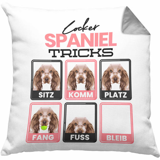 Cocker Spaniel Besitzer Kissen mit Füllung 40x40 Geschenk Lustiger Spruch Geschenkidee Cocker Spaniel Tricks Bleib (Grau) Grau Trendation