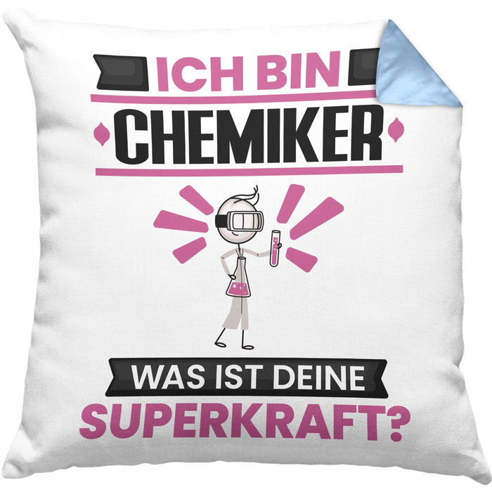 Chemiker Kissen mit Füllung 40x40 Geschenk für Chemiker Geburtstag Lustiger Spruch Was Ist Deine Superkraft (Grau) Blau Trendation