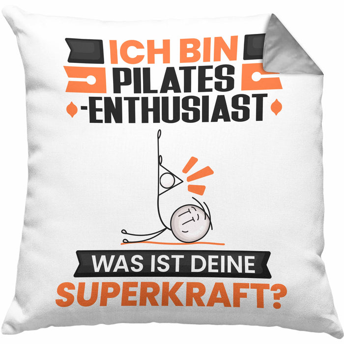 Pilates-Enthusiast Kissen mit Füllung 40x40 Geschenk für Pilates-Enthusiast Geburtstag Lustiger Spruch Was Ist Deine Superkraft (Grau) Grau Trendation