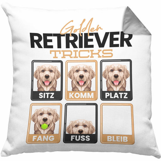 Golden Retriever Besitzer Kissen mit Füllung 40x40 Geschenk Lustiger Spruch Geschenkidee Golden Retriever Tricks Bleib (Grau) Grau Trendation