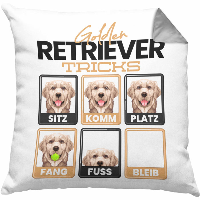Golden Retriever Besitzer Kissen mit Füllung 40x40 Geschenk Lustiger Spruch Geschenkidee Golden Retriever Tricks Bleib (Grau) Grau Trendation