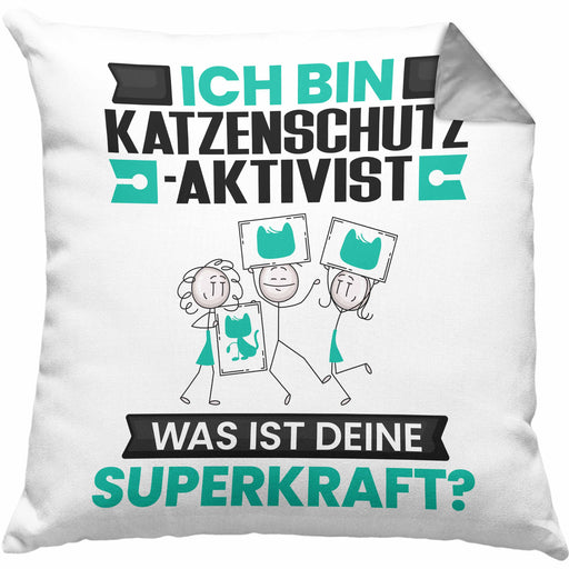 Katzenschutzaktivist Kissen mit Füllung 40x40 Geschenk für Katzenschutzaktivist Geburtstag Lustiger Spruch Was Ist Deine Superkraft (Grau) Grau Trendation