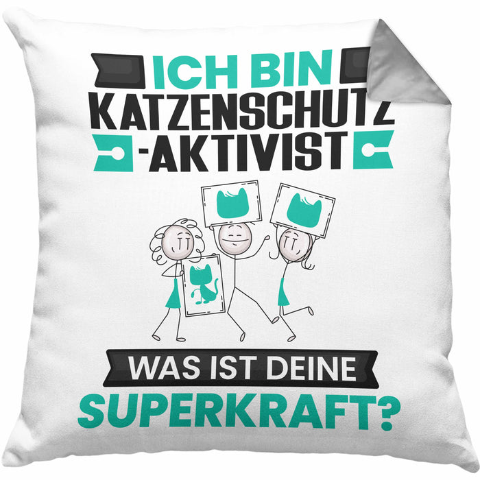 Katzenschutzaktivist Kissen mit Füllung 40x40 Geschenk für Katzenschutzaktivist Geburtstag Lustiger Spruch Was Ist Deine Superkraft (Grau) Grau Trendation