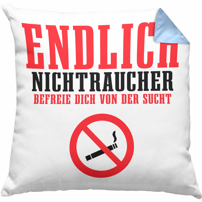 Endlich Nichttraucher Kissen mit Füllung 40x40 Geschenk Aufhören Zu Rauchen Befreie Dich Von Der Sucht (Grau) Blau Trendation