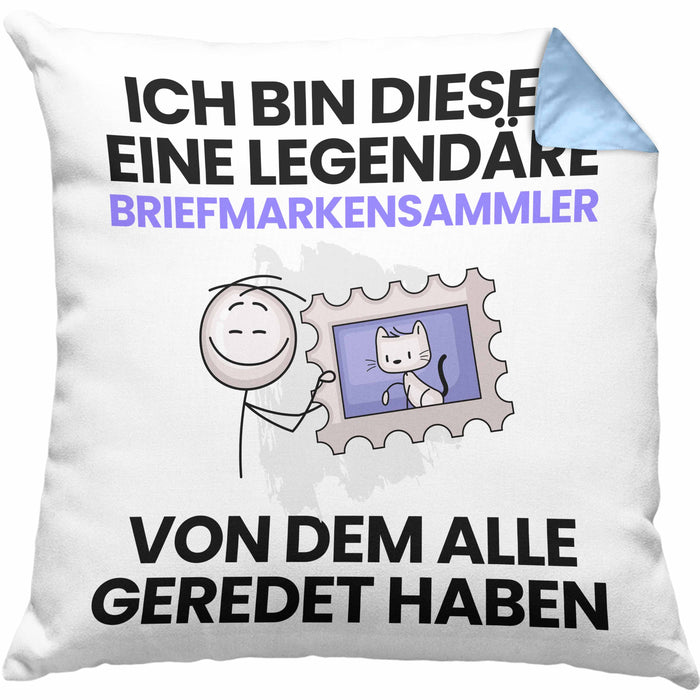 Briefmarkensammler Geschenk Kissen mit Füllung 40x40 Lustige Geschenkidee Geburtstag für Briefmarkensammler Ich Bin Dieser Legendäre Briefmarkensammler Von Dem Alle Geredet Haben (Grau) Blau Trendation