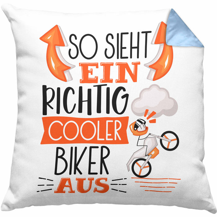 Biker Kissen mit Füllung 40x40 Geschenk So Sieht Ein RIchtig Cooler Biker Aus Geschenkidee Lustiger Spruch Geburtstag (Grau) Blau Trendation