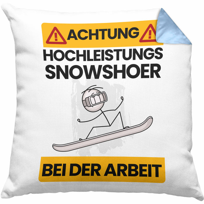Snowshoer Kissen mit Füllung 40x40 Geschenk Lustiger Spruch Geschenkidee für Snowshoer Achtung Hochleistungs Snowshoer Bei Der Arbeit (Grau) Blau Trendation